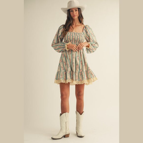 LOVLOV Vintage Floral Maxi Dress Western Cottagecore Lace Trim Smocked Bodice - Picture 12 of 16